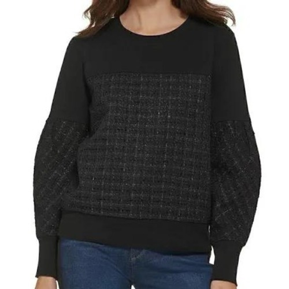 Karl Lagerfeld Paris Womens Black Mixed Media Tweed Sweatshirt Metallic Logo L
